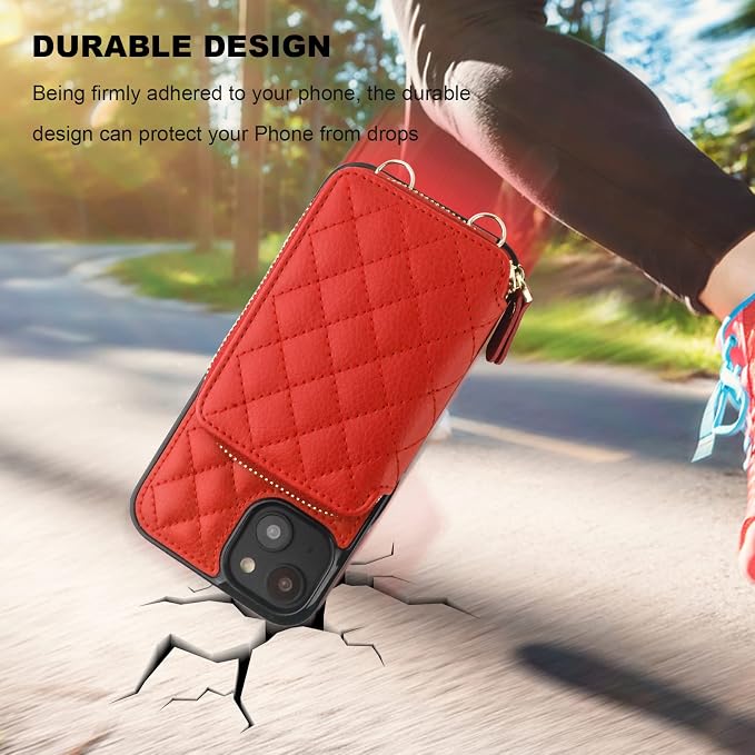 Bocasal Crossbody Wallet Case for iPhone 14, RFID Blocking PU Leather Zipper Handbag Purse Flip Cover, Kickstand Folio Case with Card Slots Holder Wrist Strap Lanyard 5G 6.1 Inch (Red)