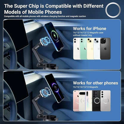 This Hill for Magnetic Cup Holder Charger, 360° Rotating Wireless Magnetic Car Charger, Fast Charging Phone Holder for iPhone 17 16 15 14 13 12 and Samsung Galaxy S20 Above Series [With QC 3.0 Adapter