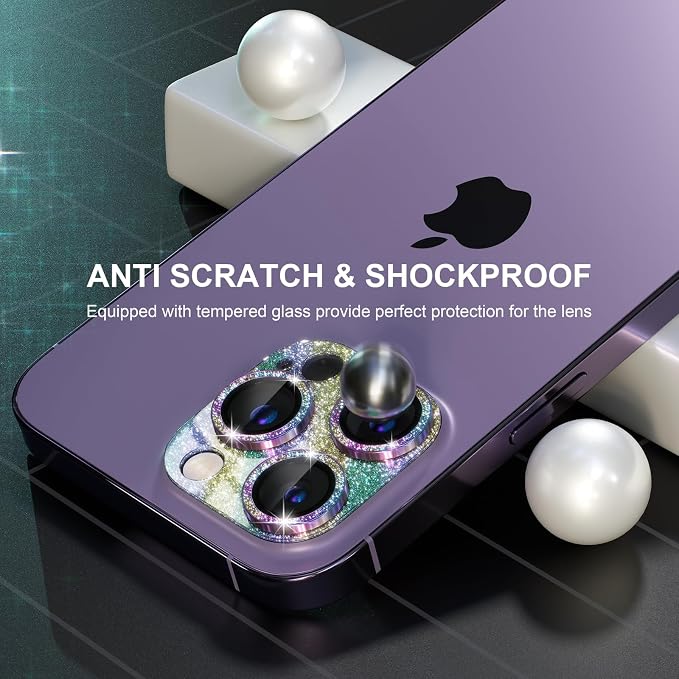 Choiche for iPhone 14 Pro/iPhone 14 Pro Max Camera Lens Protector, Bling Camera Cover with 9H Tempered Glass Lens Screen Protector Metal Ring Decoration Accessories (Glitter-Rainbow)