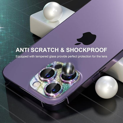 Choiche for iPhone 14 Pro/iPhone 14 Pro Max Camera Lens Protector, Bling Camera Cover with 9H Tempered Glass Lens Screen Protector Metal Ring Decoration Accessories (Glitter-Rainbow)