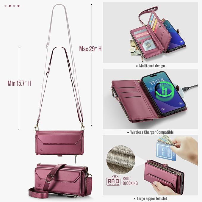 Strapurs Wallet Case Compatible with iPhone 16 Pro Max 6.9" RFID Blocking 10-Card Holder Soft PU Leather Magnetic Snap Shoulder Strap Zipper Pocket Phone Case Fit for iPhone 16 Pro Max - Wine Red