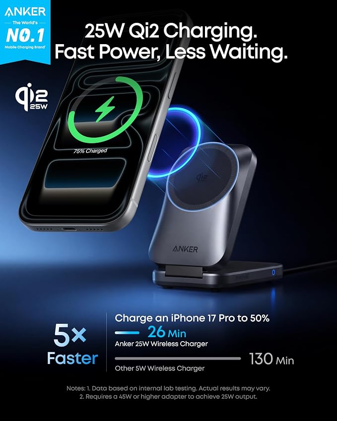 Anker Prime 3-in-1 Charging Station, AirCool Wireless Charger, Qi2 25W Certified Palm-Sized Foldable MagSafe Charger Compatible with iPhone 17, Apple Watch, AirPods (Non-Battery, with Adapter)