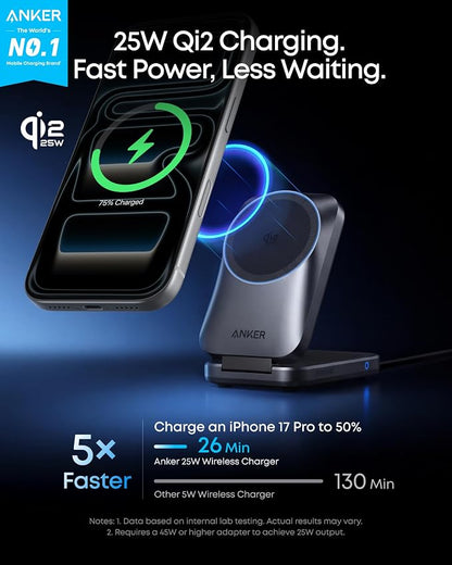 Anker Prime 3-in-1 Charging Station, AirCool Wireless Charger, Qi2 25W Certified Palm-Sized Foldable MagSafe Charger Compatible with iPhone 17, Apple Watch, AirPods (Non-Battery, with Adapter)