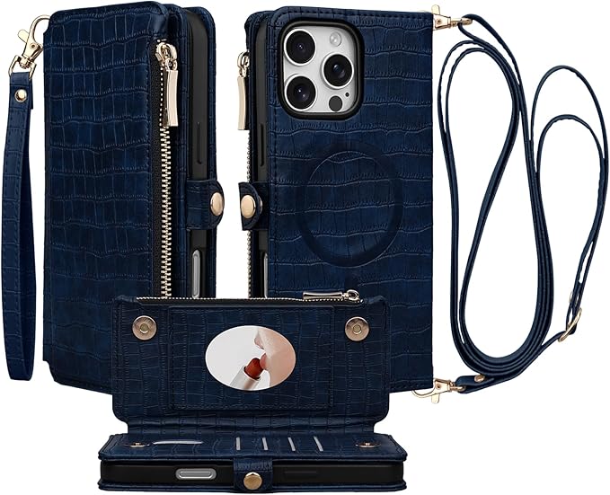 Crossbody Wallet Case for iPhone 16 Pro Max with Mirror, Wrist Strap, Zipper Purse Magnetic Flip RFID Blocking Card Holder, Wireless Charging, PU Leather Shockproof 6.9" Women (Navy Blue)