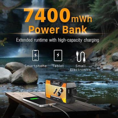 FosPower NOAA Emergency Weather Radio A1 7400mWh Portable Power Bank, AM/FM, USB/Solar/Hand Crank Charging, Battery Operated, SOS Alarm & Flashlight for Indoor/Outdoor Emergency - Orange