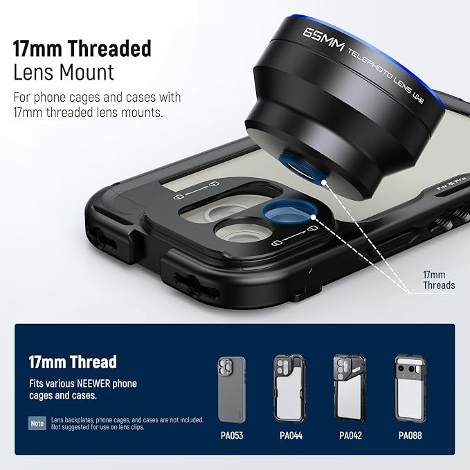 NEEWER HD 65mm Telephoto Phone Camera Lens with Lens Hood for 17mm Thread Lens Backplate Cell Phone Cage Case, 1.7X Zoom Lens Attachment Compatible with iPhone 17 16 15 S25 S24 Ultra Android, LS-66