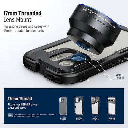 NEEWER HD 65mm Telephoto Phone Camera Lens with Lens Hood for 17mm Thread Lens Backplate Cell Phone Cage Case, 1.7X Zoom Lens Attachment Compatible with iPhone 17 16 15 S25 S24 Ultra Android, LS-66