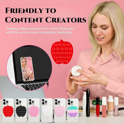 CIEO Silicone Phone Grip, 21 Suction Cups, Suitable for Selfies and Videos on Mirrors, bathrooms and Smooth Surfaces, Compatible with iPhone, Samsung(Apple Shaped, Red)