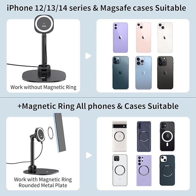 VRIG Magnetic Desk Phone Stand for Office/Home, 360°Rotation Wireless Charger Phone Holder with Magnetic Ring Height&Tilt, Adjustable Cell Phone Stand for iPhone 16 15 14 13 12 and More/Android