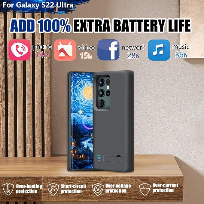 Battery Case for Samsung Galaxy S22 Ultra, 5000mAh Rechargeable Extended Battery Charging Charger Case, Add 100% Extra Juice, Not for S22 or S22+ (6.8 inch) Black
