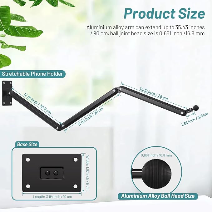 Wall Mount Phone Holder,Phone Holder for Desk Bed,3-Stage Aluminium iPhone Stand,Foldable Extendable Arms Heavy Duty Drilling Base,Compatible with 3.5~7.5" iPhone/HTC/LG/Huawei/Galaxy/Smartphones