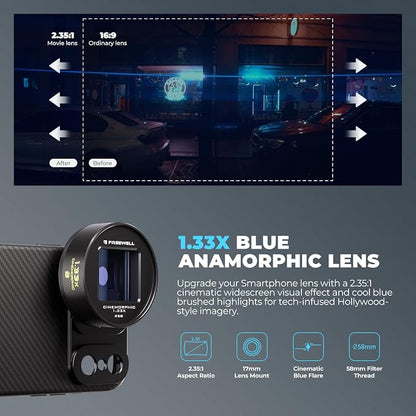 Freewell 1.33x Blue Anamorphic Lens Compatible with 17mm Mount iPhone, Samsung - Premium Smartphone Lens for Wide Cinematic Shots & Bold Blue Flares