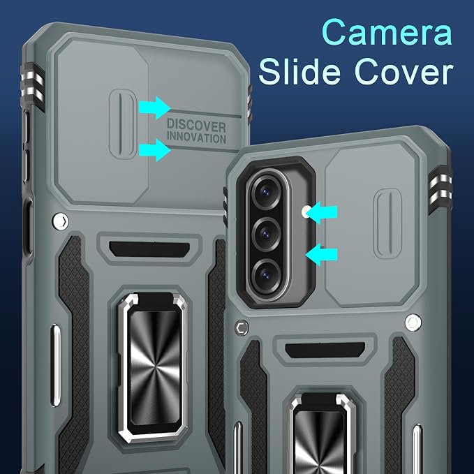 DEERLAMN Case for Samsung Galaxy A17 5G with Slide Camera Cover+Screen Protector (1 Pack), Rotated Ring Kickstand Military Grade Shockproof Protective Cover-Grey