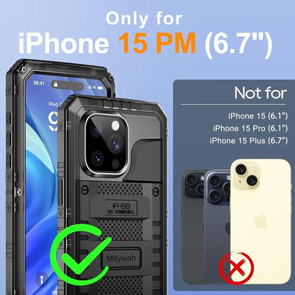 Mitywah Wateproof Case for iPhone 15 Pro Max, Heavy Duty Metal Cover for Swimming and Outdoor Adventures, Military Grade Shockproof Full Body Phone Case with Built-in Screen Protector, 6.7", Black