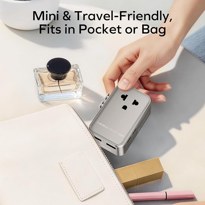 MOMAX 1-World Pocket Universal Travel Adapter – Ultra-Thin, Stylish & Mini GaN Charger, 25W Fast Charging, 5 Ports: 2 USB-C + 2 USB-A + AC, Foldable Plug, Worldwide Voltage, Misty Gray (1-Pack)