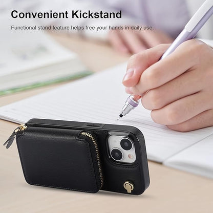 Bocasal Crossbody Wallet Case for iPhone 15, RFID Blocking Leather Purse Case with Card Holder, Protective Handbag Flip Cover with Zipper Wrist Strap Lanyard for Women 5G 6.1 Inch (Black)