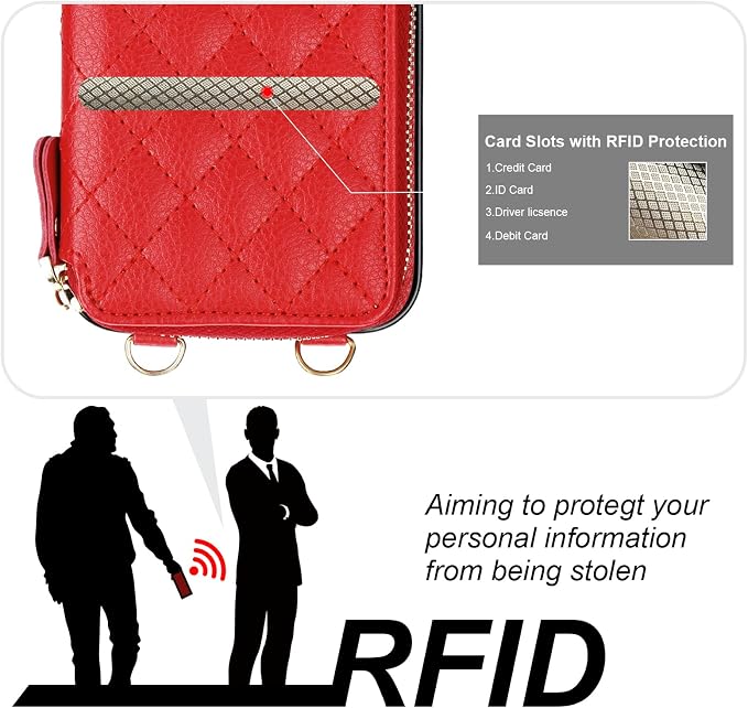 Bocasal Crossbody Wallet Case for iPhone 15 Pro Max, RFID Blocking PU Leather Zipper Handbag Purse Flip Cover, Kickstand Folio Case with Card Slots Holder Wrist Strap Lanyard 5G 6.7 Inch (Red)