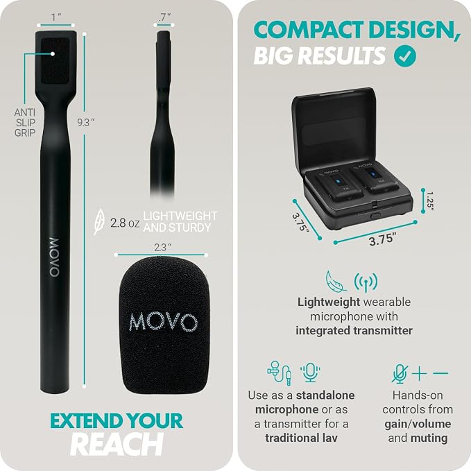 Movo WMX-2 Wireless Lavalier Microphone Lapel Mic with Charging Case and WMX-HM Handheld Adapter - Lav Mic, Lapel Microphone 2.4GHz for Camera, Vlogging, DSLR, and Content Creators