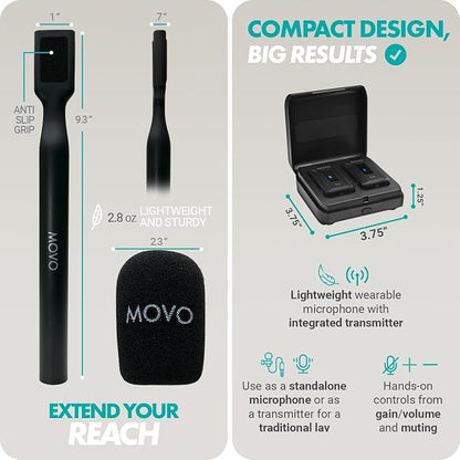 Movo WMX-2 Wireless Lavalier Microphone Lapel Mic with Charging Case and WMX-HM Handheld Adapter - Lav Mic, Lapel Microphone 2.4GHz for Camera, Vlogging, DSLR, and Content Creators