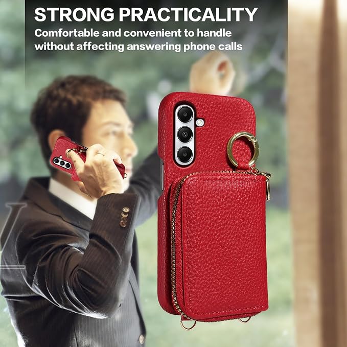 Wallet Case for Samsung Galaxy A35 5G with Shoulder Strap Ring Buckle, Luxury PU Leather Zipper Flip Organ Purse, Credit Card Holder Stand Cell Phone Cover for A 35 35A A355G Women Men Red