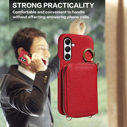 Wallet Case for Samsung Galaxy A35 5G with Shoulder Strap Ring Buckle, Luxury PU Leather Zipper Flip Organ Purse, Credit Card Holder Stand Cell Phone Cover for A 35 35A A355G Women Men Red