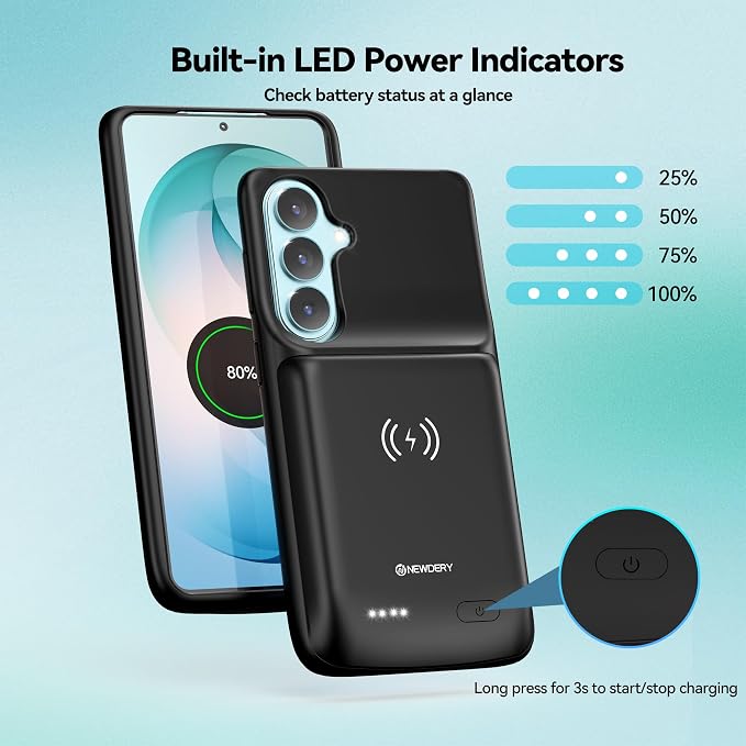 NEWDERY EWDERY 9500mAh Battery Case for Samsung Galaxy S26 Plus/S25 Plus 6.7", Qi Wireless Charging Compatible, Protective Portable Charger Case Battery Pack for Galaxy S26 Plus&Galaxy S25 Plus Black