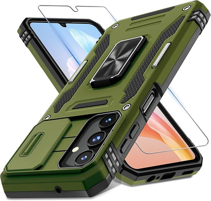 DEERLAMN Case for Samsung Galaxy A15 5G with Slide Camera Cover+Screen Protector (1 Pack), Rotated Ring Kickstand Military Grade Shockproof Protective Cover-Olive Green