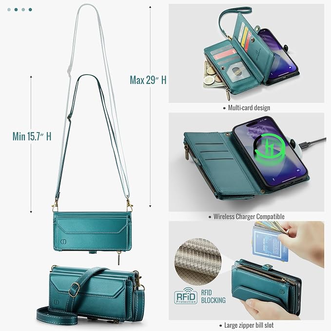 Strapurs Wallet Case Compatible with iPhone 17 Pro 6.3" RFID Blocking 9-Card Holder Soft PU Leather Magnetic Snap Shoulder Strap Zipper Pocket Phone Case Fit for iPhone 17 Pro for Women - Blue Green