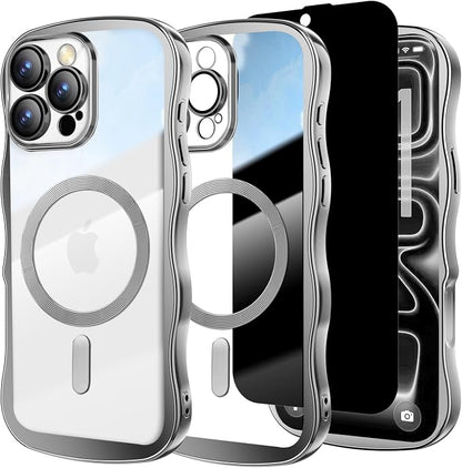 Misscase Designed for iPhone 16 Pro Case 6.3",with Privacy Screen Protector*1,Cute Wave Frame Case with Camera Lens Protector,Compatible with MagSafe Plating Bling for Women Silver
