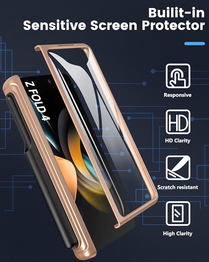 Viaotaily for Galaxy Z Fold 4 Case with Card Holder & S Pen Holder & Hinge Protection, Built-in Screen Protector & Slide Camera Lens Cover, Durable Case for Galaxy Z Fold 4 2022 (Rose Gold)