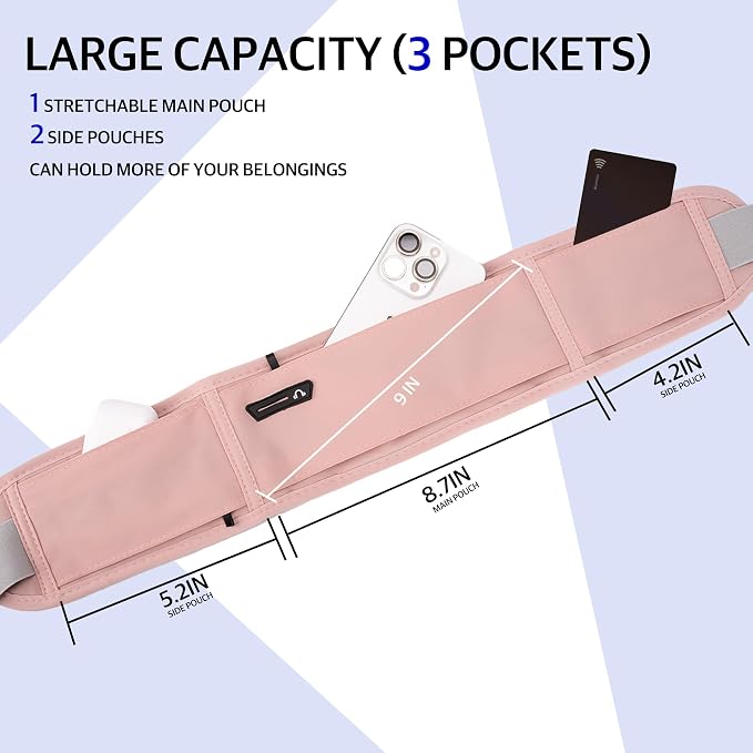 Running Belt for Phone – Adjustable Running Waist Pack with 3 Pockets Fits Up to 7.2 Inch Phones, Slim Running Fanny Pack for Men & Women Jogging Hiking Fitness (Pink)