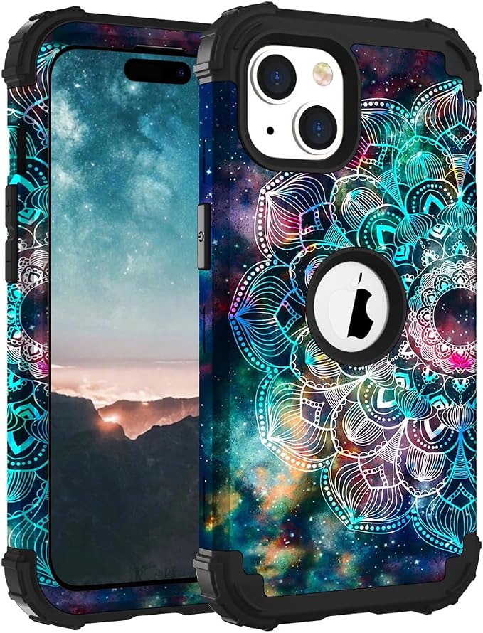 Hocase for iPhone 15 Plus Case, Heavy Duty Shockproof Protection Soft Silicone Rubber Bumper+Hard Plastic Hybrid Protective Case for iPhone 15 Plus 6.7" 2023 - Mandala in Galaxy