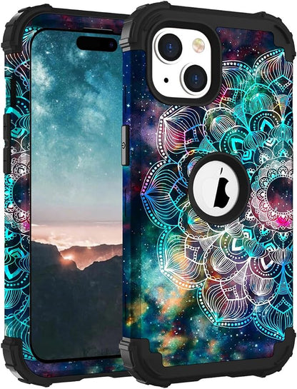 Hocase for iPhone 15 Plus Case, Heavy Duty Shockproof Protection Soft Silicone Rubber Bumper+Hard Plastic Hybrid Protective Case for iPhone 15 Plus 6.7" 2023 - Mandala in Galaxy