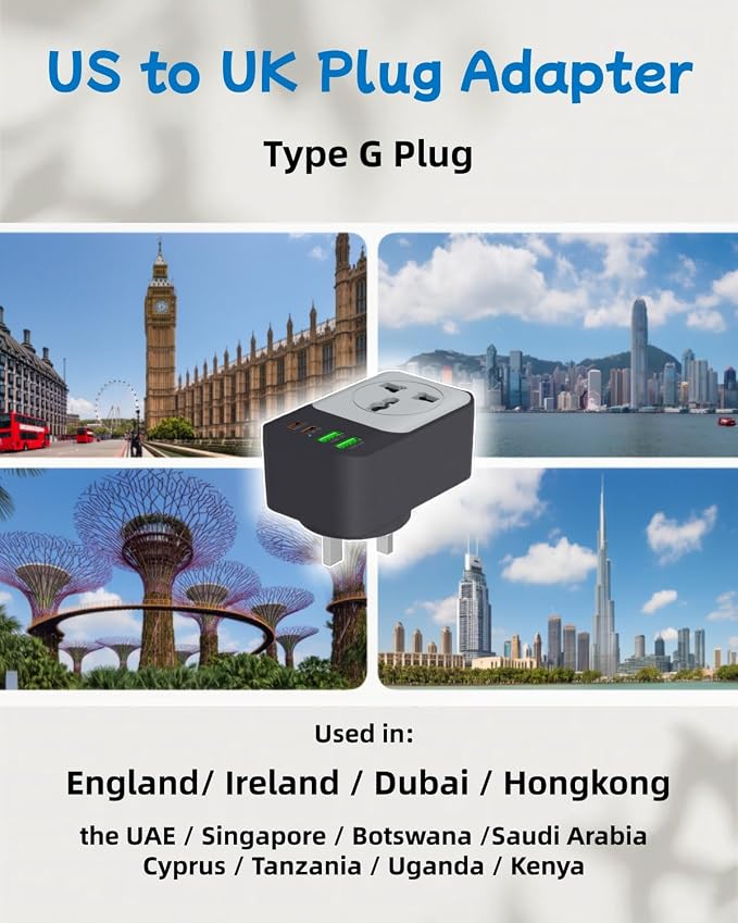 UK Adapters for Travel, COOFINE 65W 5 in 1 Type G Travel Adapter with 2 PD USB C 2 USB Ports, UK Travel Plug Adater for US to UK Hongkong Dubai, Worldwide Travel Essentials