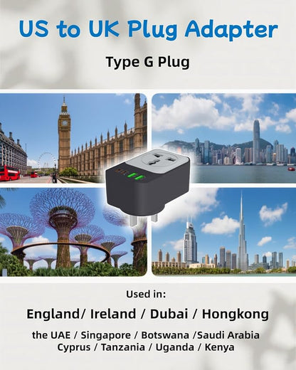 UK Adapters for Travel, COOFINE 65W 5 in 1 Type G Travel Adapter with 2 PD USB C 2 USB Ports, UK Travel Plug Adater for US to UK Hongkong Dubai, Worldwide Travel Essentials