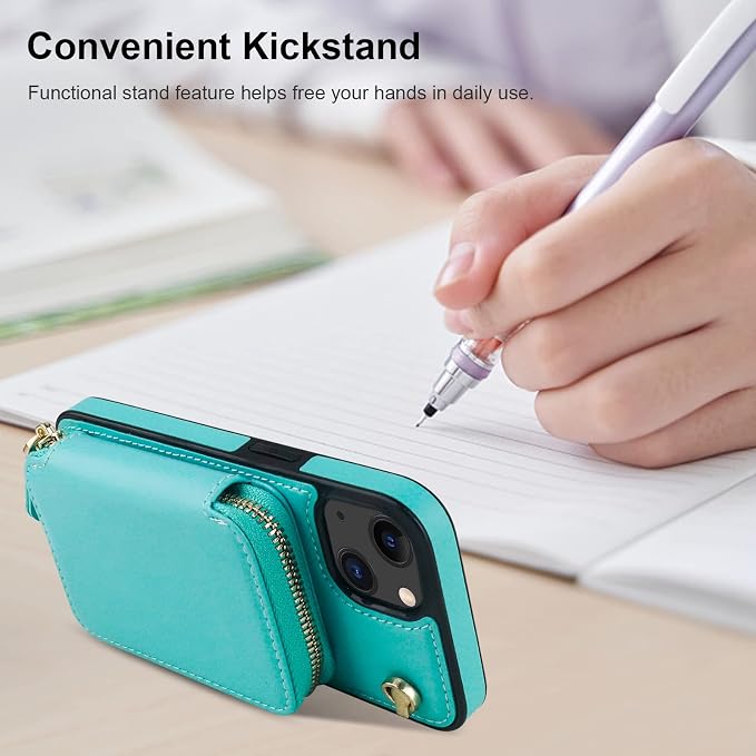 Bocasal Crossbody Wallet Case for iPhone 14/13, RFID Blocking Leather Purse Case with Card Holder, Protective Handbag Flip Cover with Zipper Wrist Strap Lanyard for Women 5G 6.1 Inch (Mint Green)