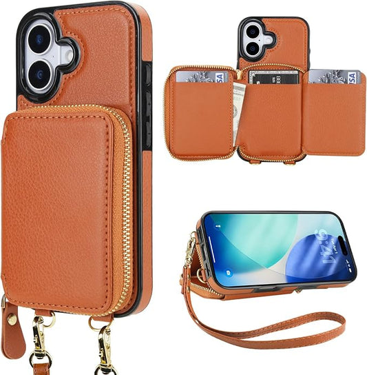 Bocasal RFID Blocking Wallet Case for iPhone 17, Adjustable Crossbody Zipper Purse Case Card Holder with Kickstand Detachable Wrist Strap, PU Leather Flip Folio Case 6.3 Inch 5G (Brown)