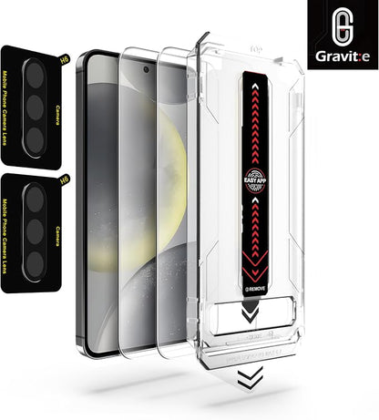 Gravit:e Screen Protector for Samsung, 9H Tempered Glass, Smart Installation Tool, Automatic Fine Dust Removal and Camera Protector 2 Pack (Samsung S24)