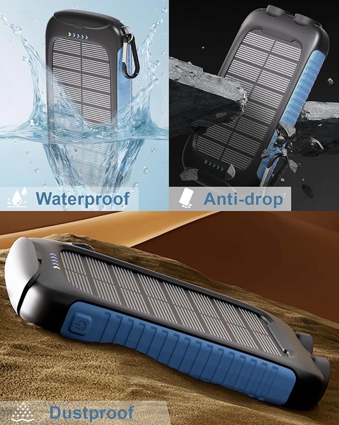 Solar Power Bank 20000mAh Portable Charger 15W Fast Charging with USB-A USB-C Ports Battery Bank Compatible with iPhone, Waterproof, Emergency LED Flashlights for Camping, Hiking Blue | 3 Ports Fast Charging External Battery Pack with USB C for Phones ...