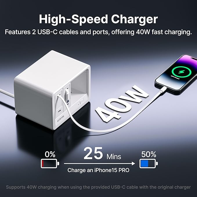 Gitryin 10-in-1 Desktop Charging Station with 2 Retractable Wall Chargers, 40W USB-C Power Strip with 6 AC, 2 USB C, 2 Type-C 33.5in Cables, Extension Cord with 1020J Surge Protection for Home Office