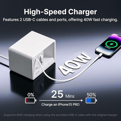 Gitryin 10-in-1 Desktop Charging Station with 2 Retractable Wall Chargers, 40W USB-C Power Strip with 6 AC, 2 USB C, 2 Type-C 33.5in Cables, Extension Cord with 1020J Surge Protection for Home Office