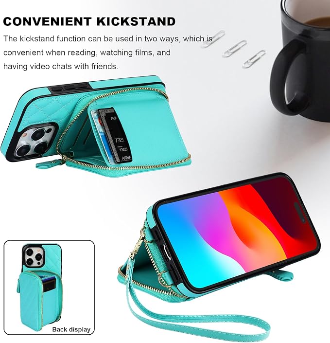 Bocasal Crossbody Wallet Case for iPhone 15 Pro Max, RFID Blocking PU Leather Zipper Handbag Purse Flip Cover, Kickstand Folio Case with Card Slots Holder Wrist Strap Lanyard 5G 6.7 Inch (Mint Green)