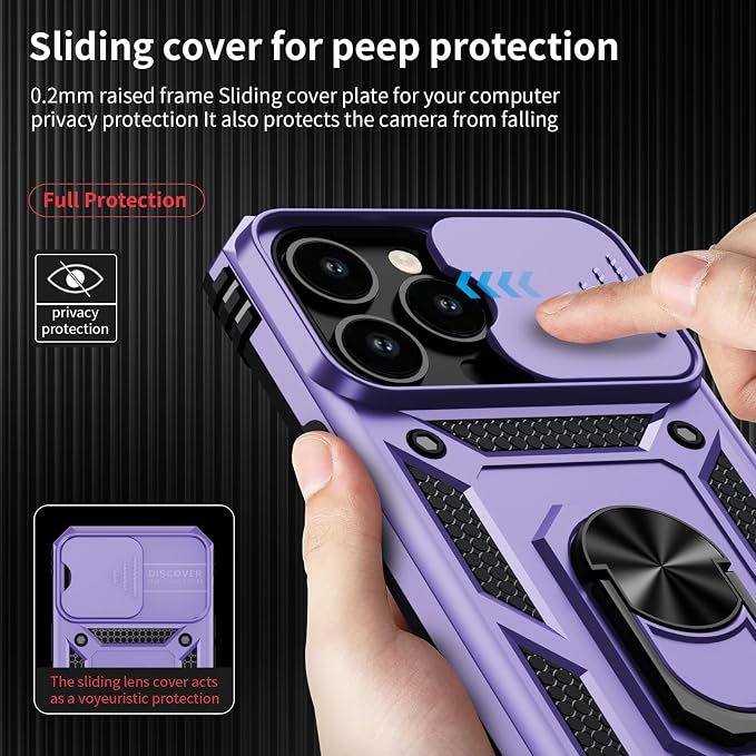 Weycolor for iPhone 14 Pro Max Case with Camera Lens Cover, HD Screen Protector, 10 FT Military Grade Drop Protection, Magnetic Ring Holder Kickstand Protective Phone Case, Lavender