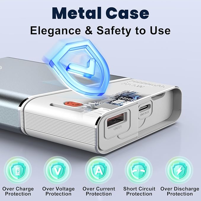 Aaoyun Portable Charger Power Bank, 20000mAh 22.5W PD Fast Charging Powerbank with Built-in USB C Cable, External Phone Battery Pack for iPhone 17/16/15 Samsung S24 Android etc