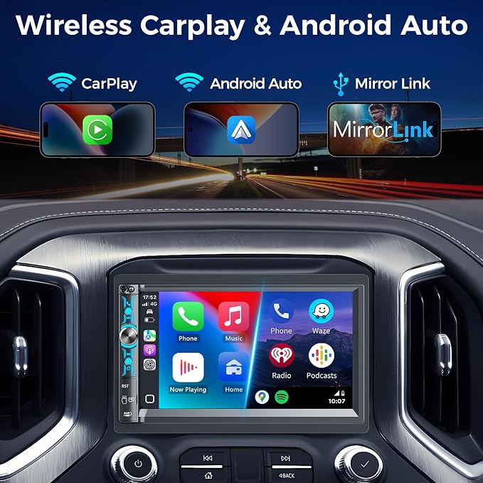 7" Double Din Car Stereo with Wireless Apple Carplay & Android Auto, Bluetooth, 240W, SWC, Subwoofer Out, Mirror Link, USB-C/AUX/TF, FM/AM Car Radio Receiver, Backup Camera