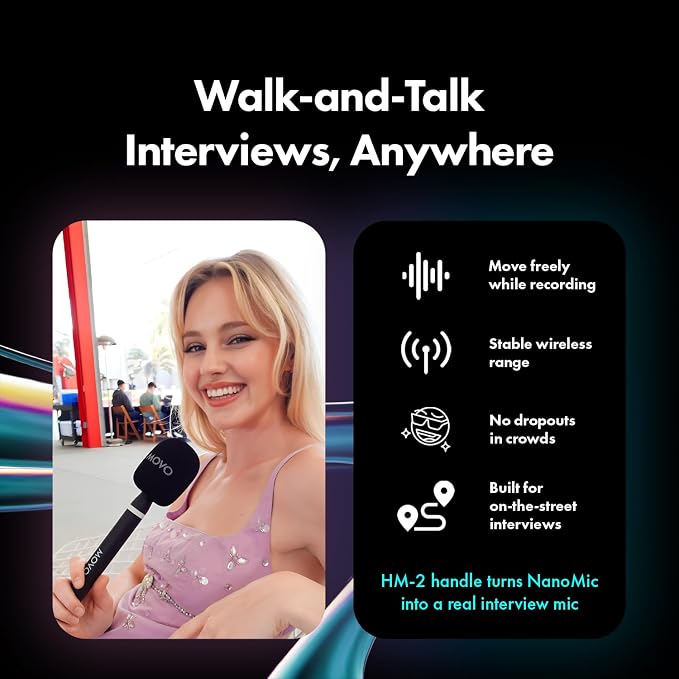 Movo NanoMic Wireless USB-C Mic Kit with Interview Handle — Dual Street Interview Mic for iPhone 15/16/17+, Android & iPad Pro — Vox Pops & TikTok