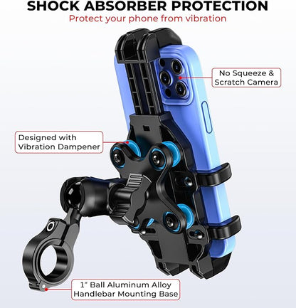 VAZESWIN Motorcycle Phone Mount with Vibration Dampener, Anti-Shake Bike Phone Holder with Aluminum Alloy Handlebar Clamp, One-Handed Operation Motorcycle Cellphone Mount Fit for 5.4"-7.2" Smartphone