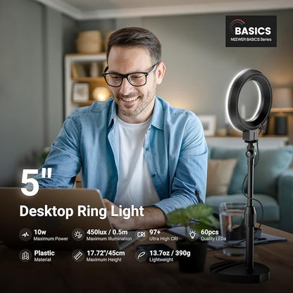 NEEWER Basics 5" LED Desktop Ring Light with Stand, Monitor Clamp, 10W, Compatible with iPhone Desk Computer Laptop Webcam Phone for Selfie Makeup Recording Zoom Video Conference Lighting, Black BR60