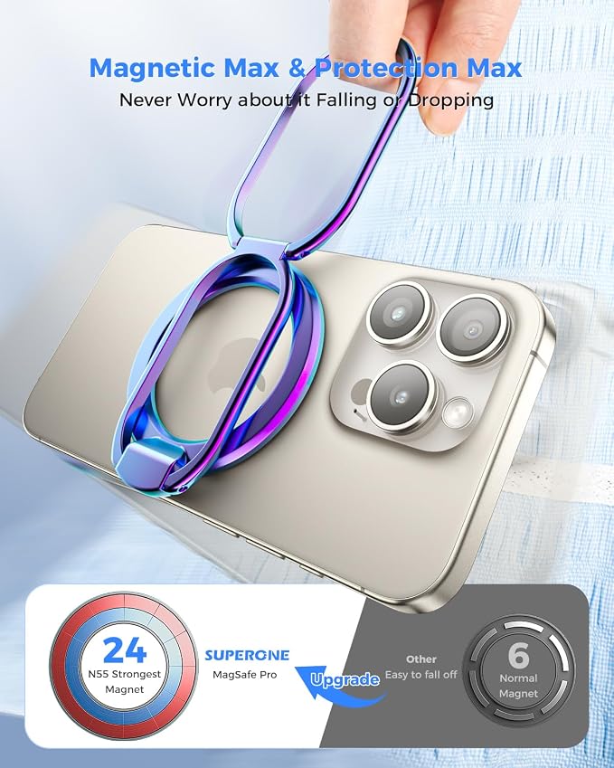 SUPERONE [2025 Upgraded] Mag Safe Phone Ring Holder, Adjustable Magnetic Kickstand & Removable Phone Grip Compatible with Wireless Charging Only for iPhone 17 & 16 & 15 & 14 & 13 Series (Colorful)
