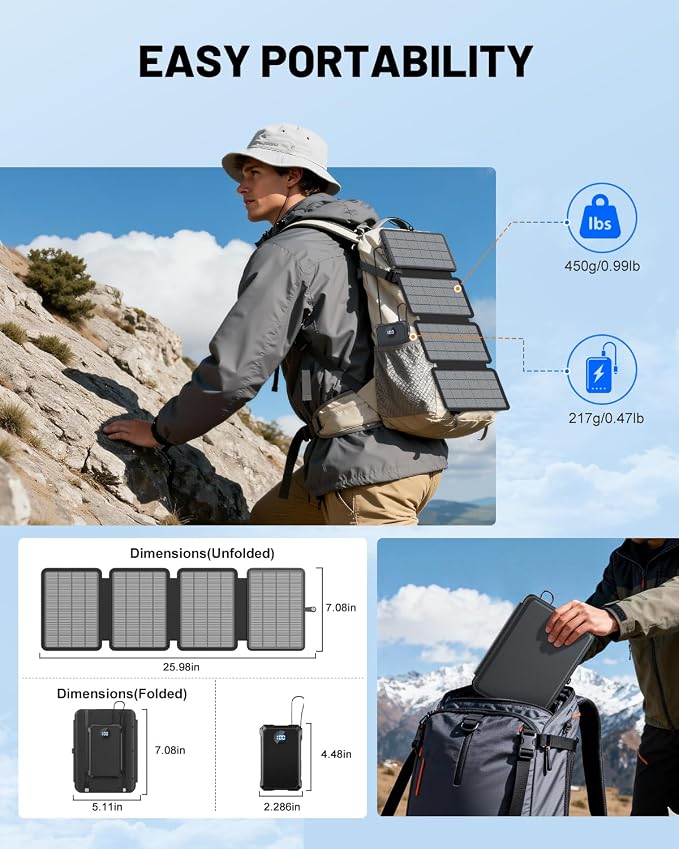 10000mAh Detachable Solar Power Bank, 14W Foldable Solar Charger, 5-Port Fast Charging Portable Battery Pack, Compact & Lightweight for Hiking, Cycling, and Everyday Emergency Power